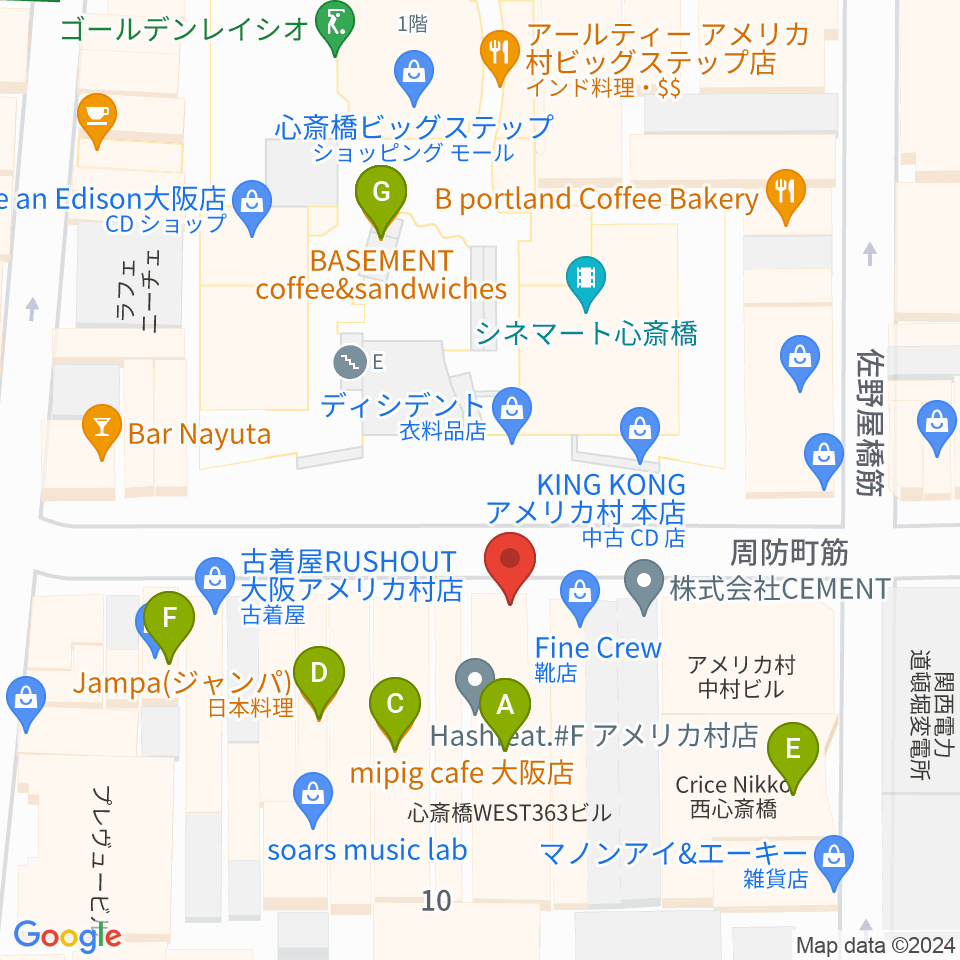 心斎橋パンゲア周辺のファミレス・ファーストフード一覧地図