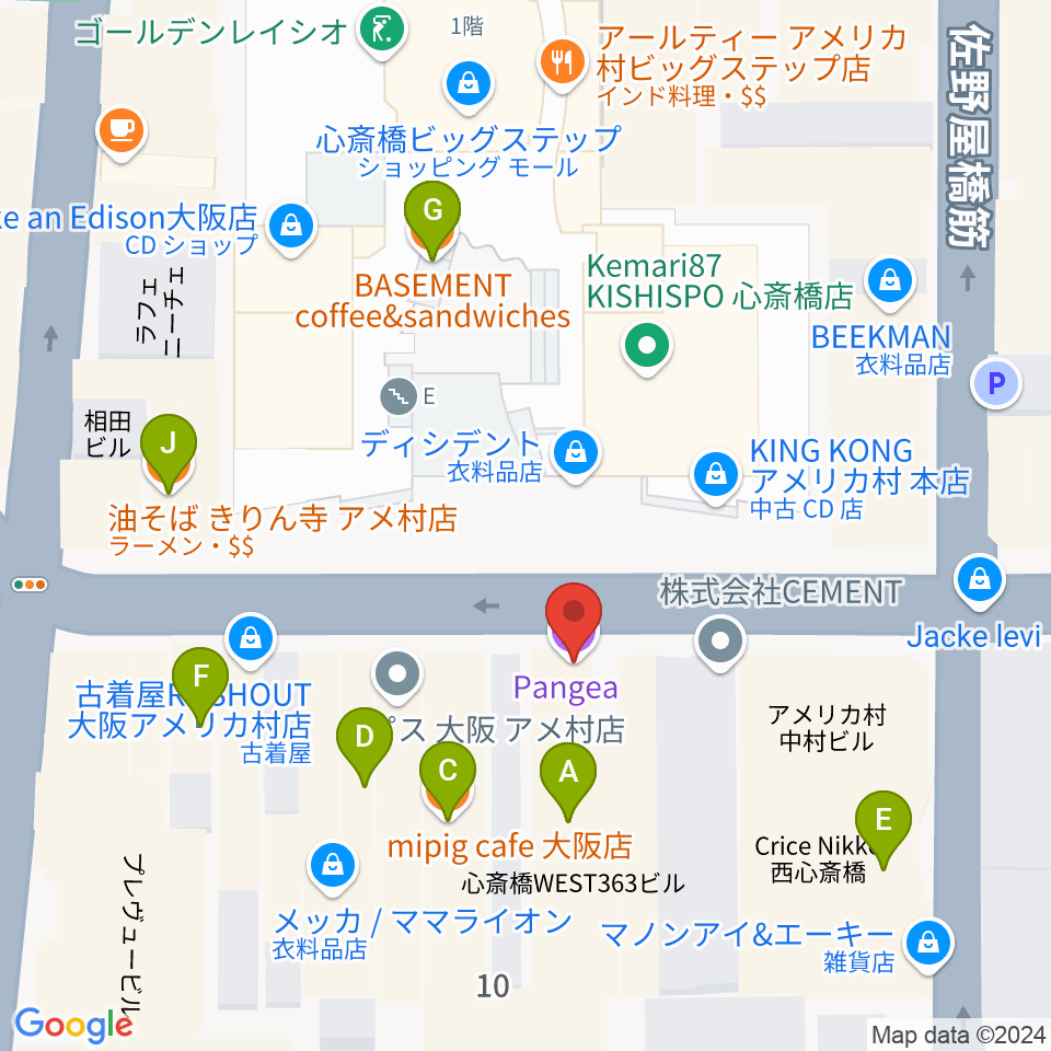 心斎橋パンゲア周辺のファミレス・ファーストフード一覧地図