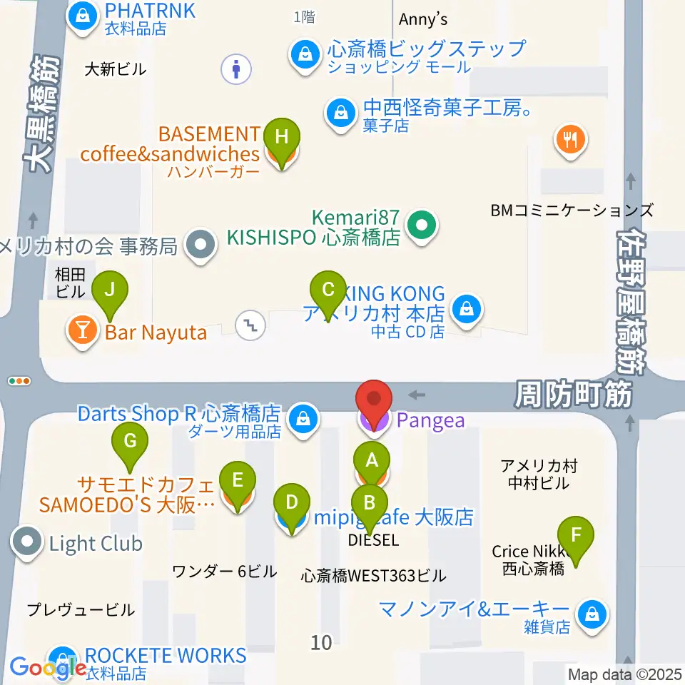 心斎橋パンゲア周辺のファミレス・ファーストフード一覧地図