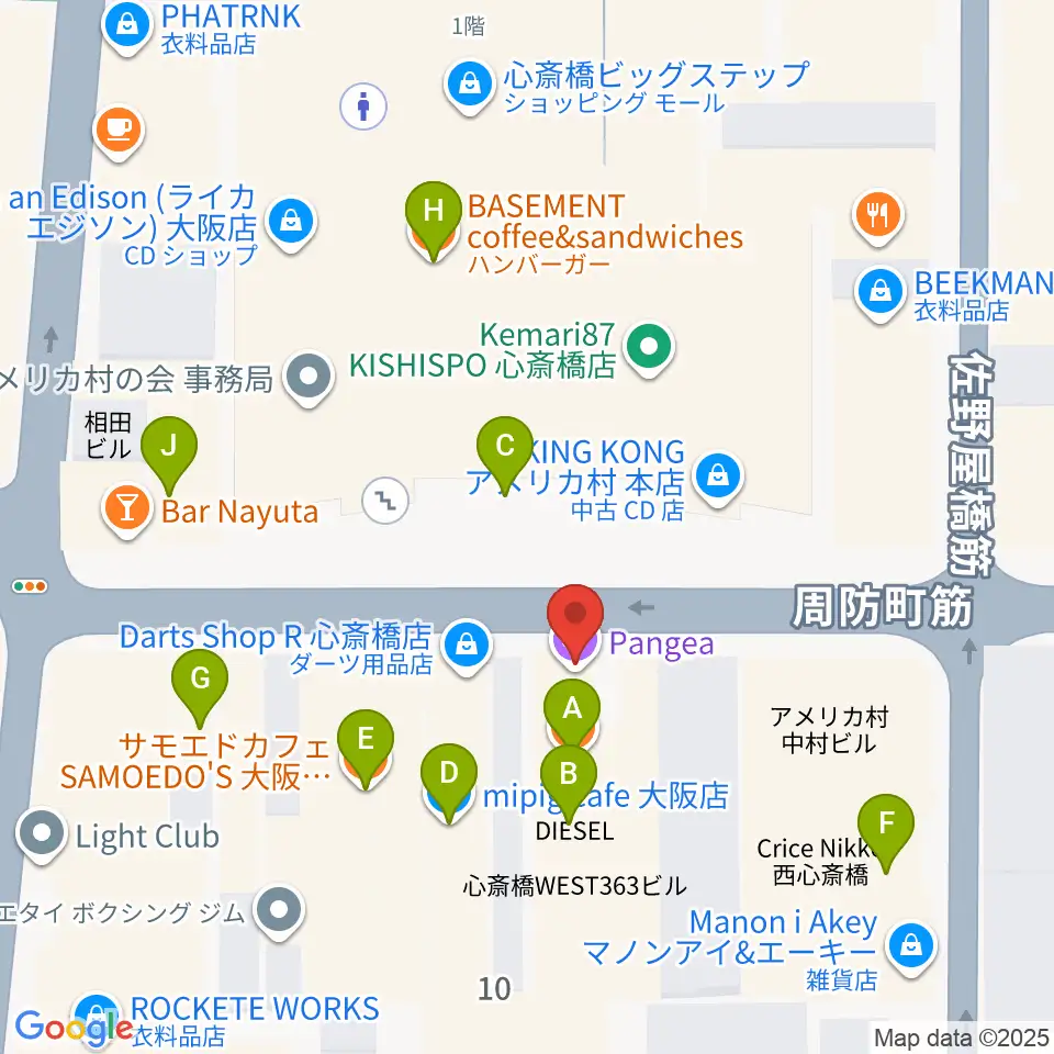 心斎橋パンゲア周辺のファミレス・ファーストフード一覧地図