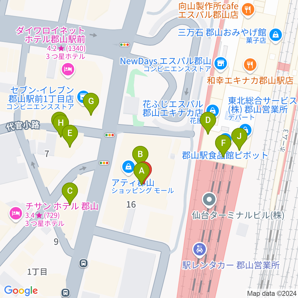 島村楽器 郡山アティ店周辺のファミレス・ファーストフード一覧地図