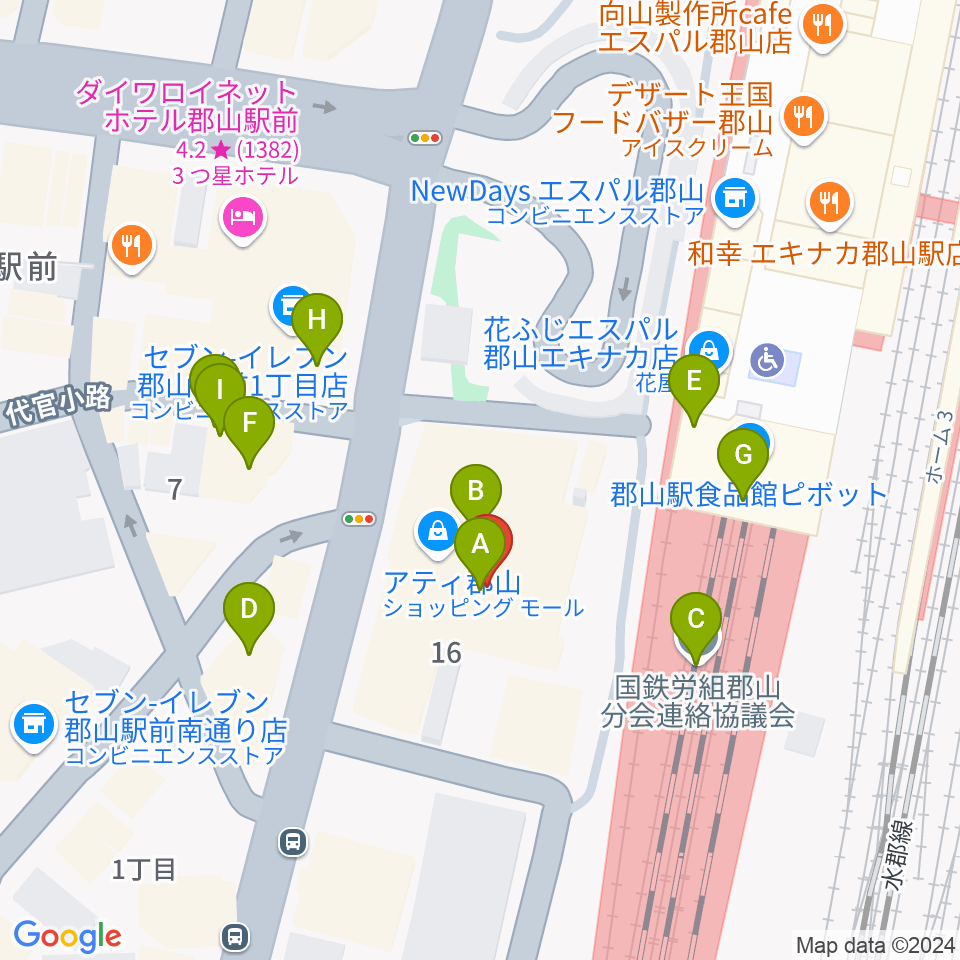 島村楽器 郡山アティ店周辺のファミレス・ファーストフード一覧地図