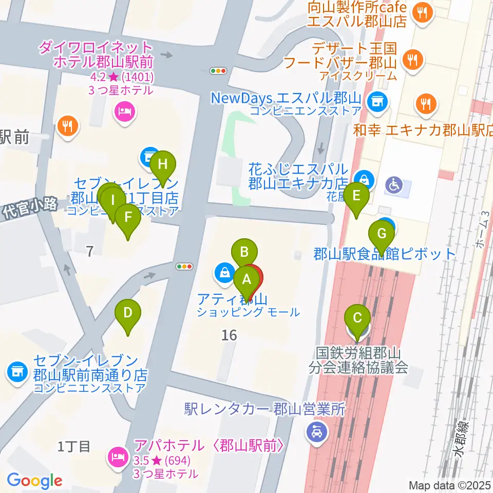 島村楽器 郡山アティ店周辺のファミレス・ファーストフード一覧地図