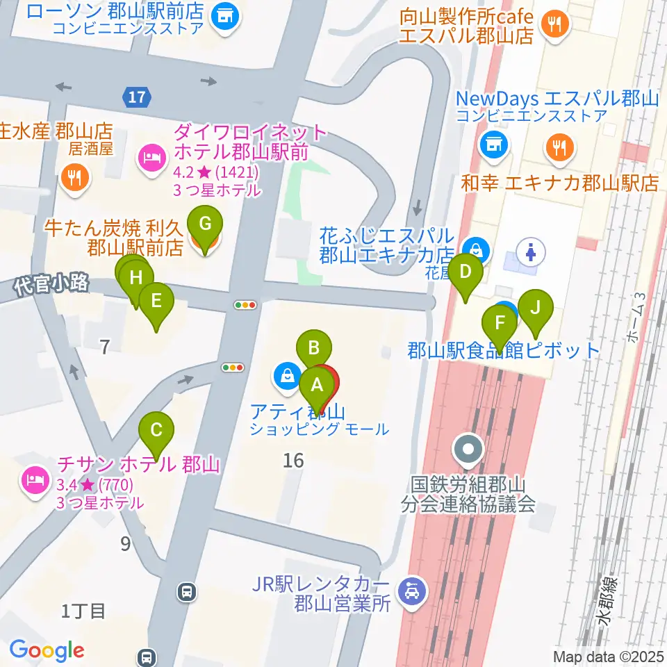 島村楽器 郡山アティ店周辺のファミレス・ファーストフード一覧地図
