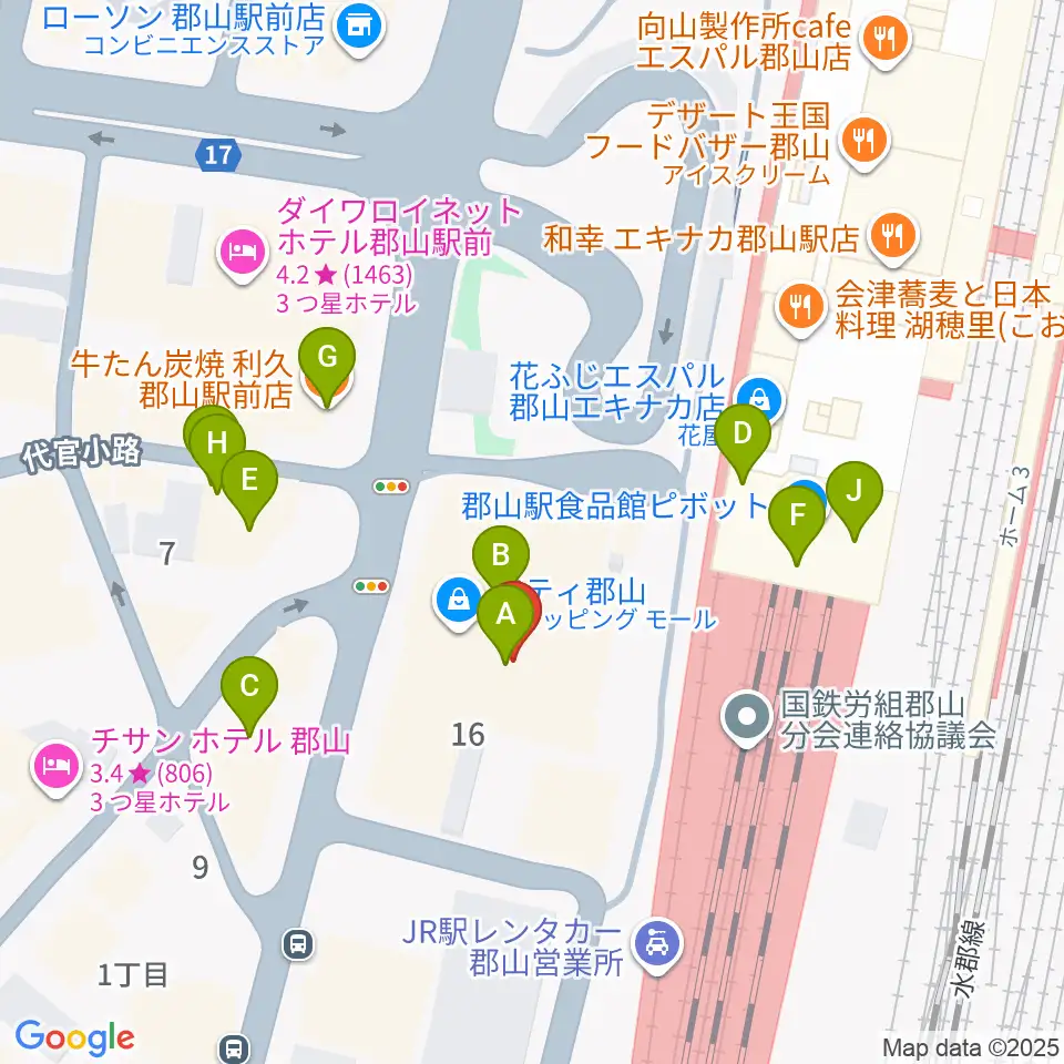 島村楽器 郡山アティ店周辺のファミレス・ファーストフード一覧地図