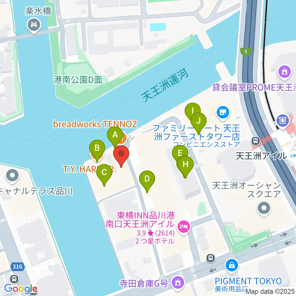 天王洲アイル KIWA周辺のファミレス・ファーストフード一覧地図