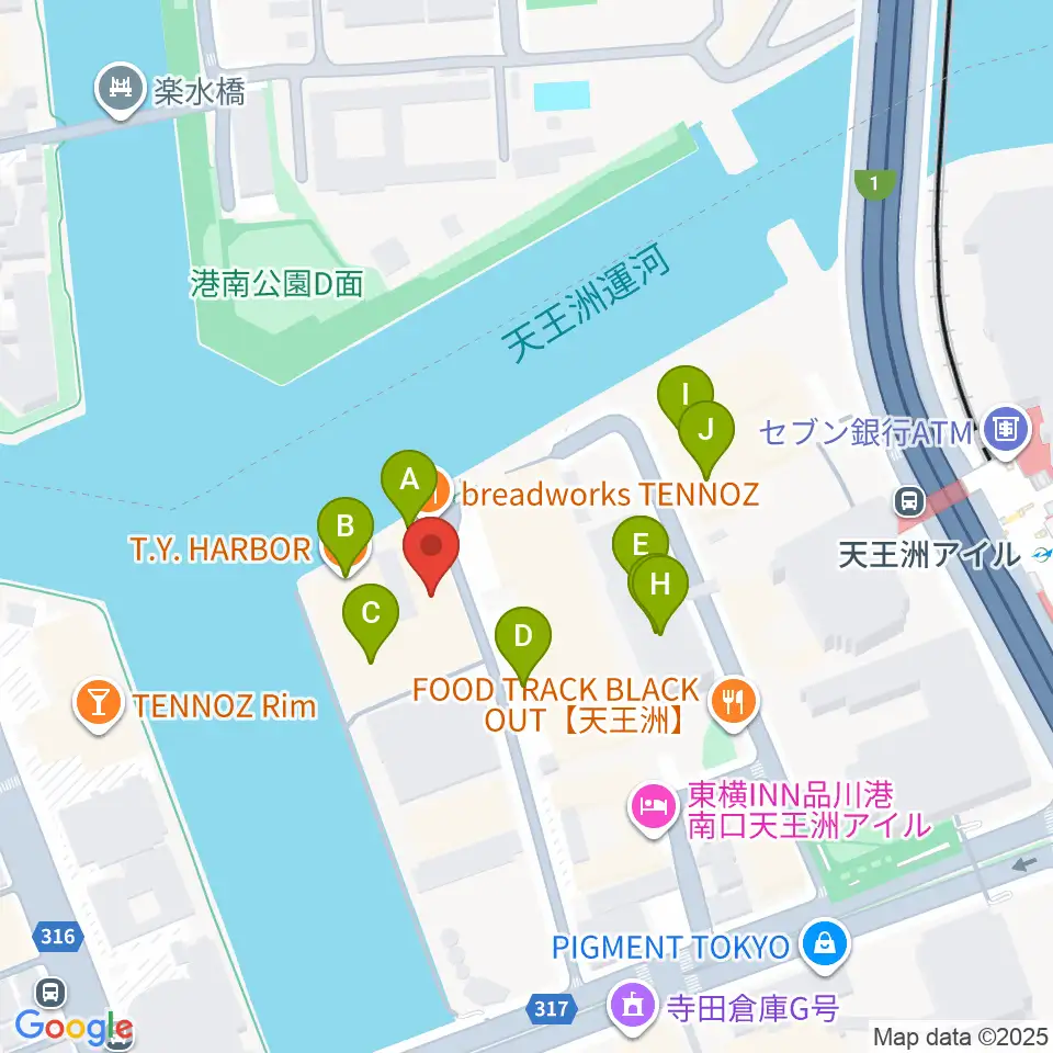 天王洲アイル KIWA周辺のファミレス・ファーストフード一覧地図