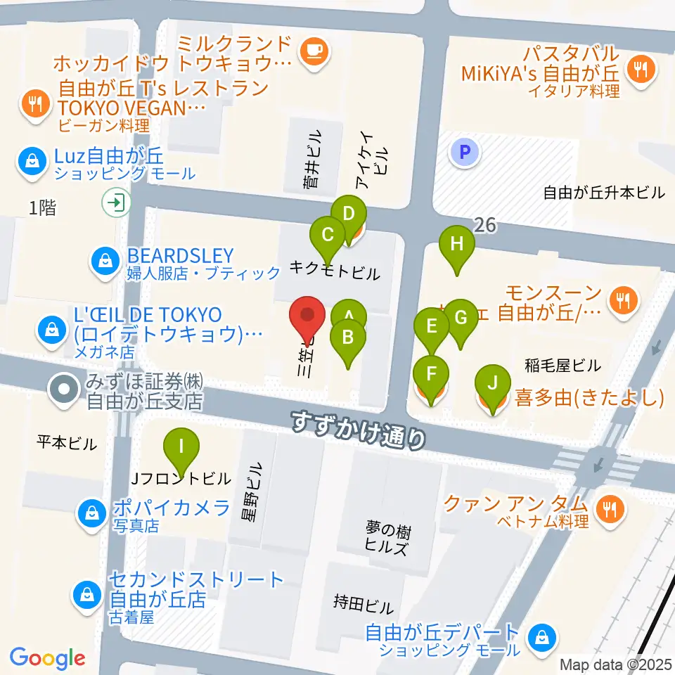 自由が丘hyphen周辺のファミレス・ファーストフード一覧地図