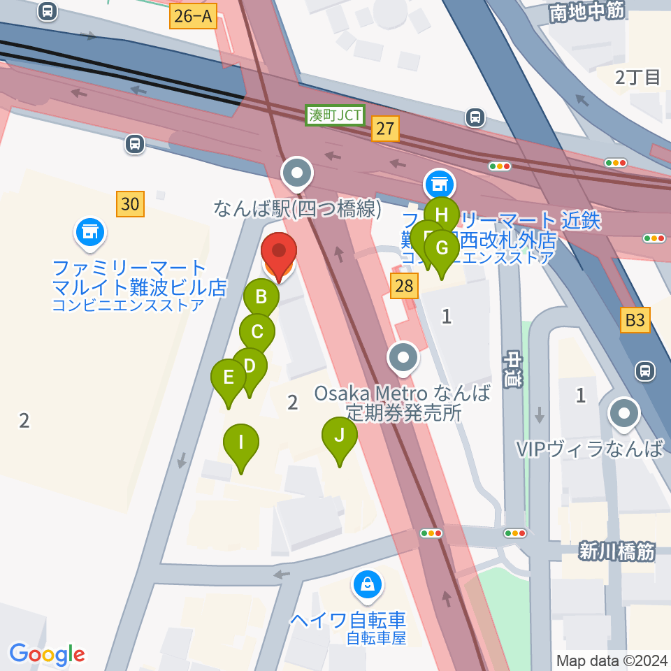 難波Mele周辺のファミレス・ファーストフード一覧地図