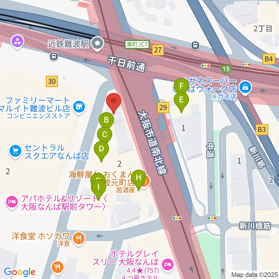 難波Mele周辺のファミレス・ファーストフード一覧地図