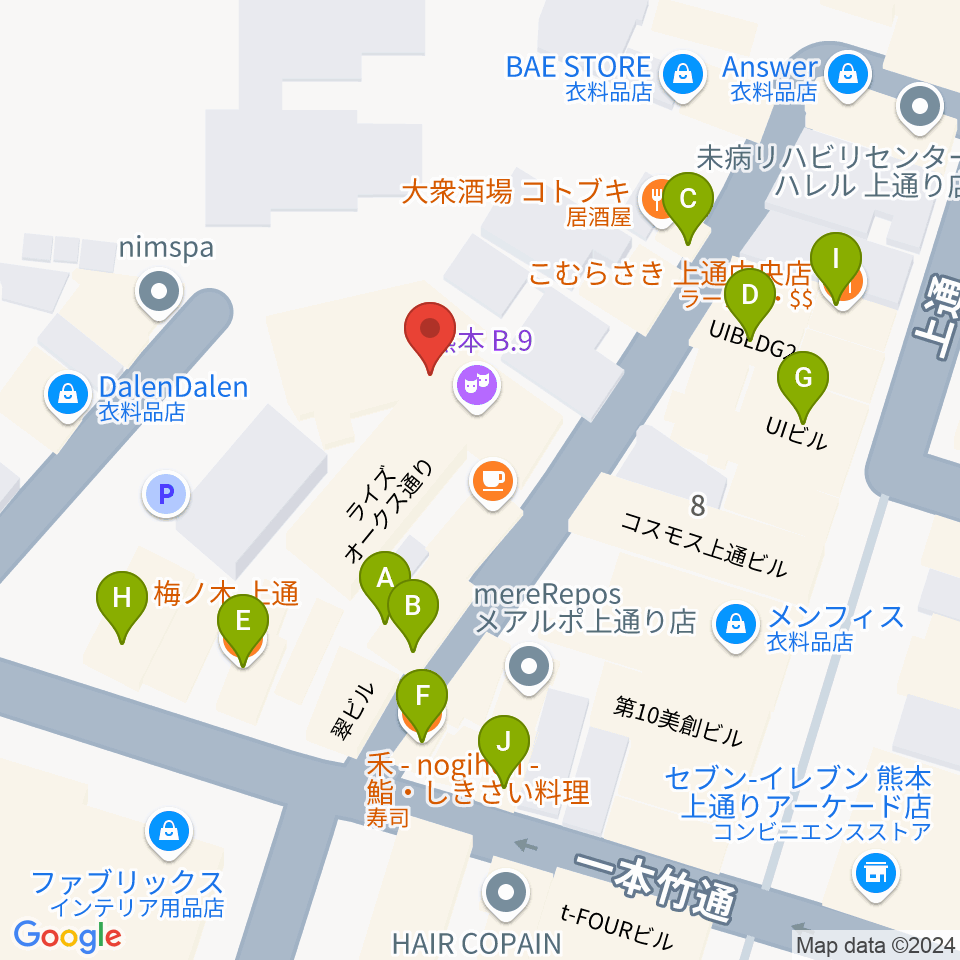 熊本B.9周辺のファミレス・ファーストフード一覧地図