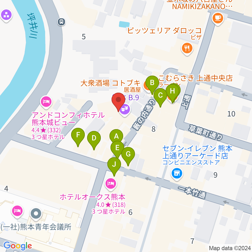 熊本B.9周辺のファミレス・ファーストフード一覧地図