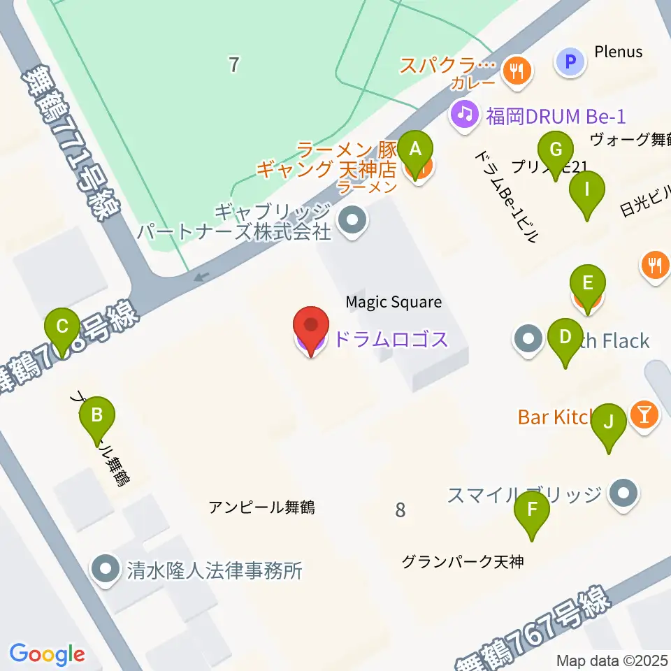 福岡DRUM LOGOS周辺のファミレス・ファーストフード一覧地図