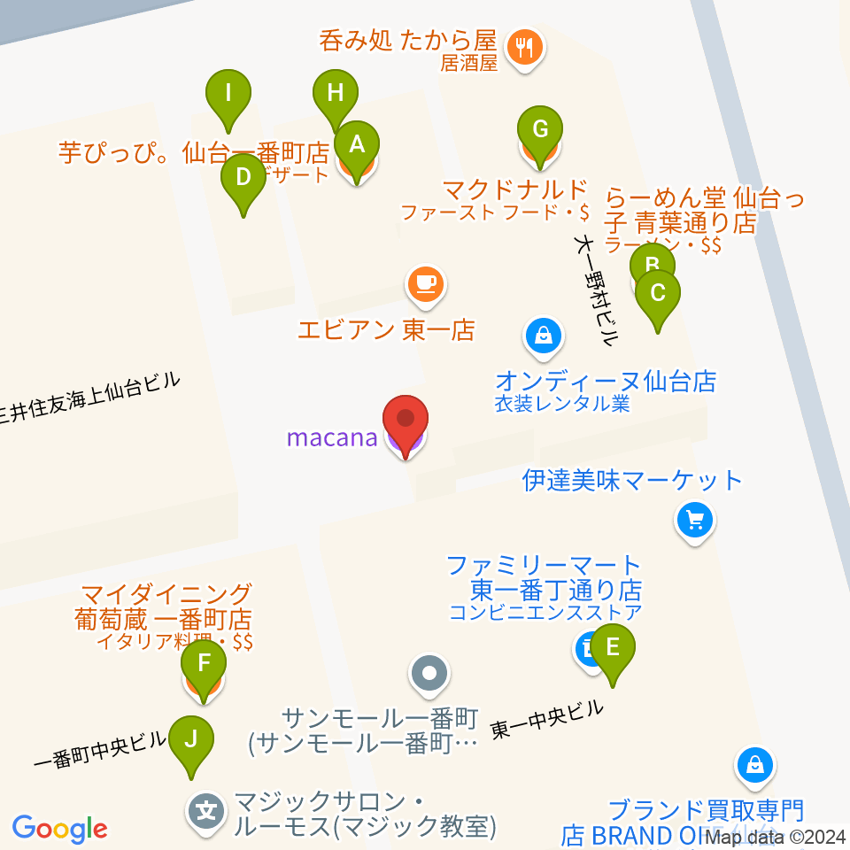 仙台MACANA周辺のファミレス・ファーストフード一覧地図