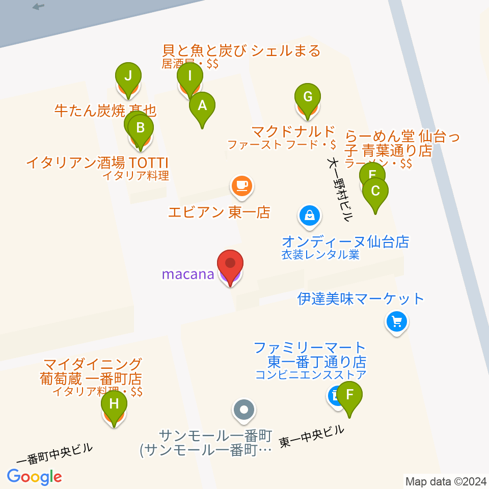 仙台MACANA周辺のファミレス・ファーストフード一覧地図