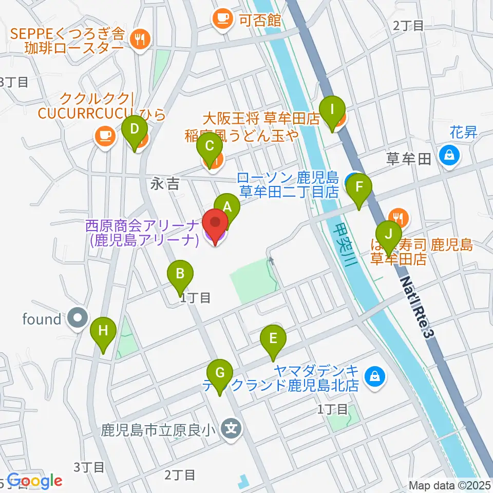 西原商会アリーナ周辺のファミレス・ファーストフード一覧地図