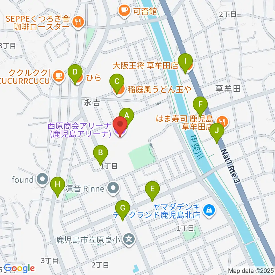 西原商会アリーナ周辺のファミレス・ファーストフード一覧地図