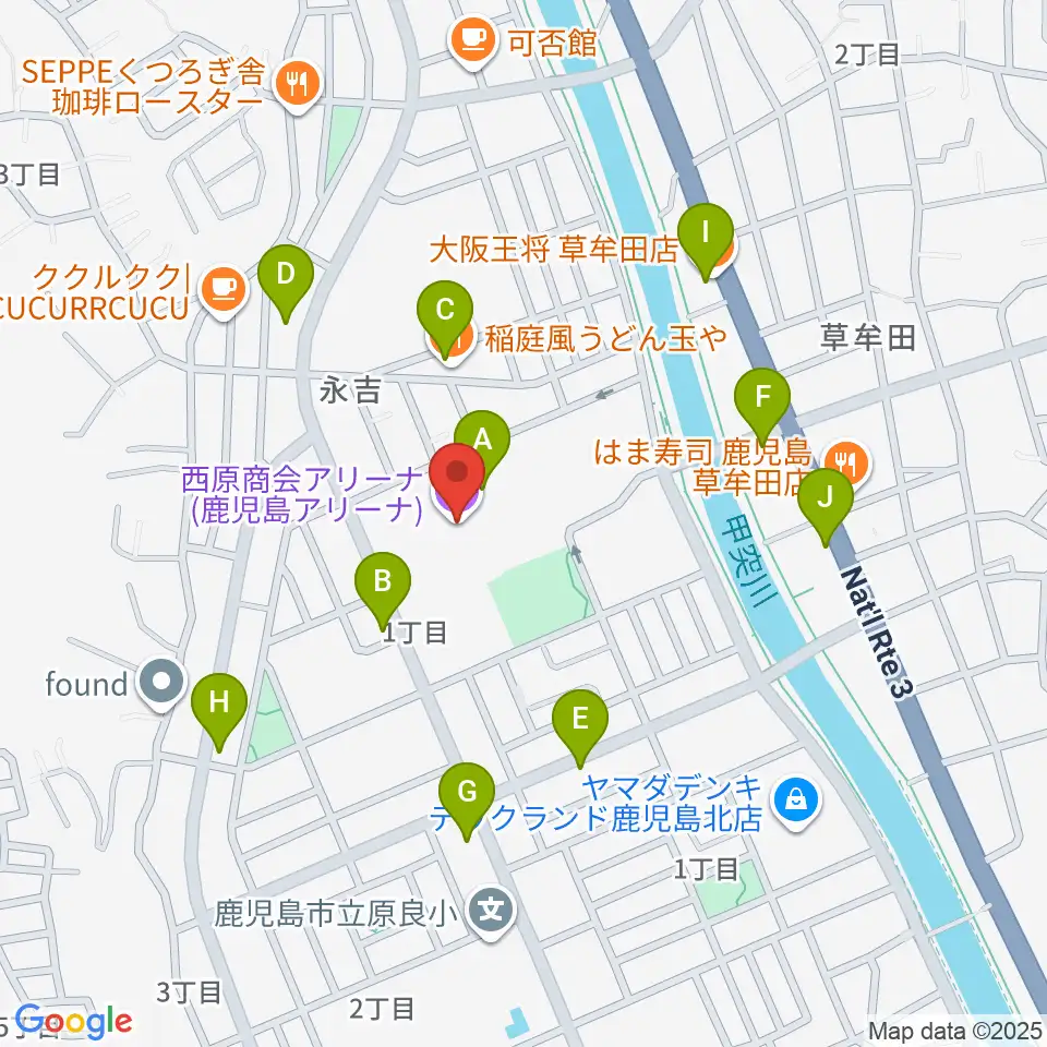 西原商会アリーナ周辺のファミレス・ファーストフード一覧地図