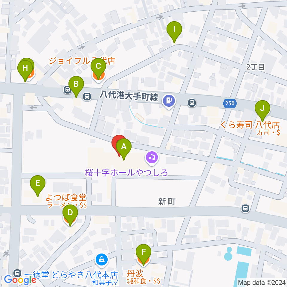 桜十字ホールやつしろ周辺のファミレス・ファーストフード一覧地図