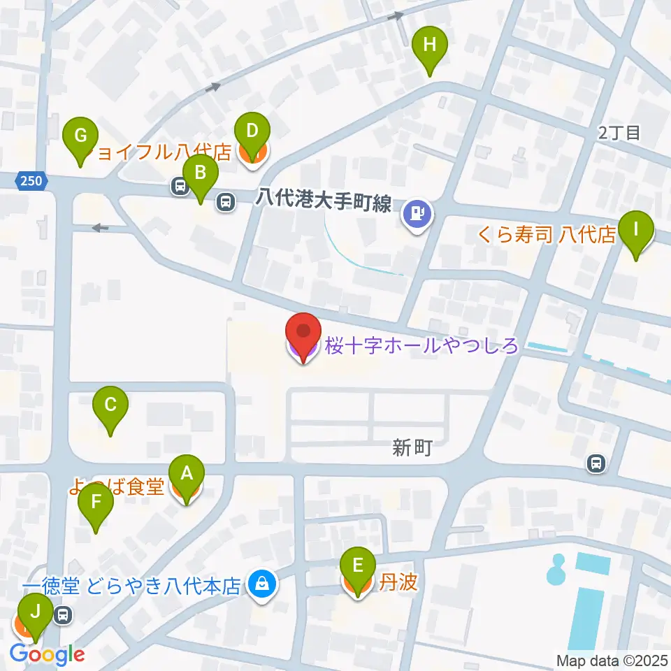 桜十字ホールやつしろ周辺のファミレス・ファーストフード一覧地図