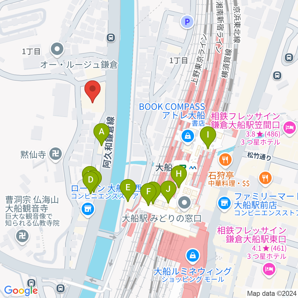 ピアノ百貨大船店周辺のファミレス・ファーストフード一覧地図