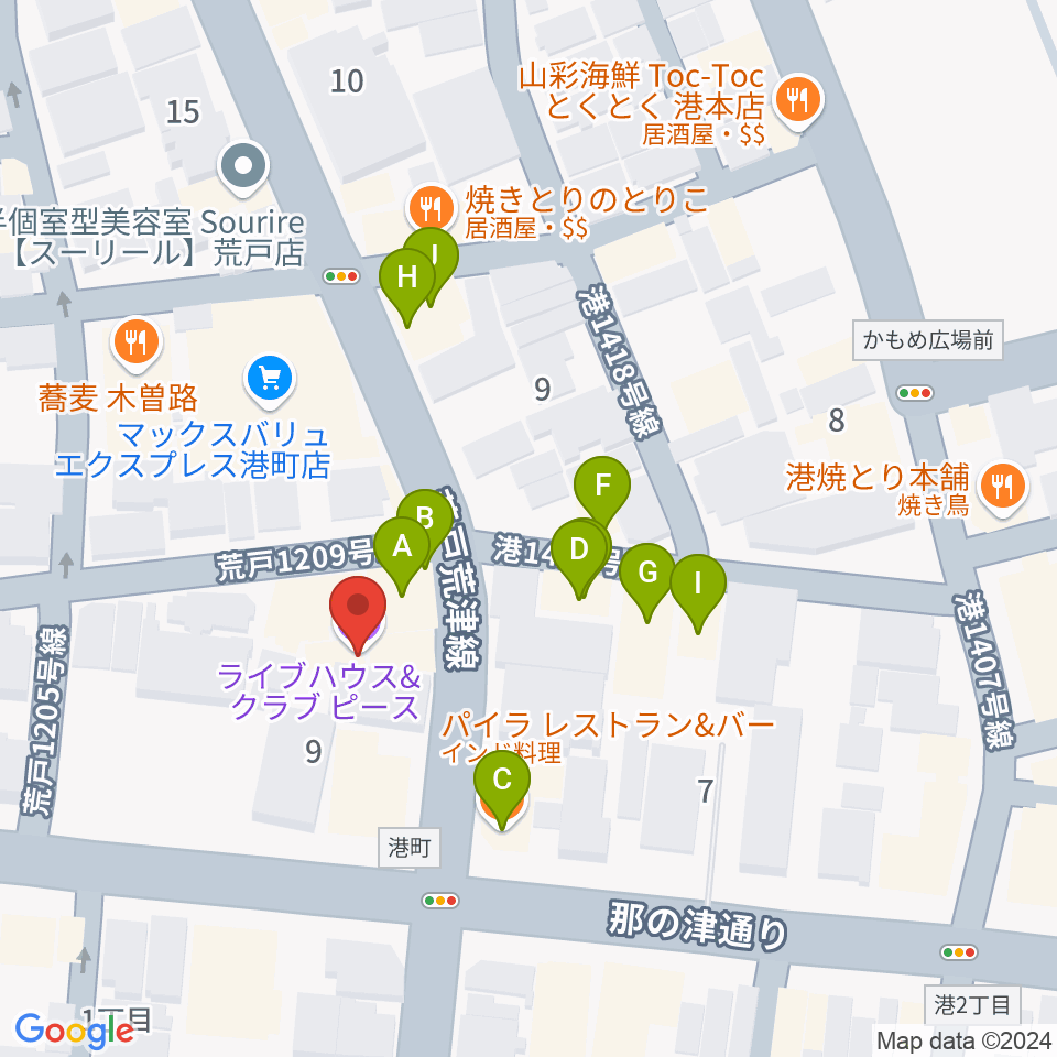 福岡PEACE周辺のファミレス・ファーストフード一覧地図