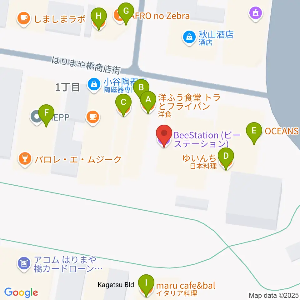 BeeStation周辺のファミレス・ファーストフード一覧地図