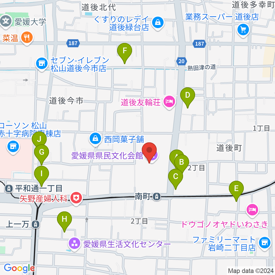 愛媛県県民文化会館周辺のファミレス・ファーストフード一覧地図