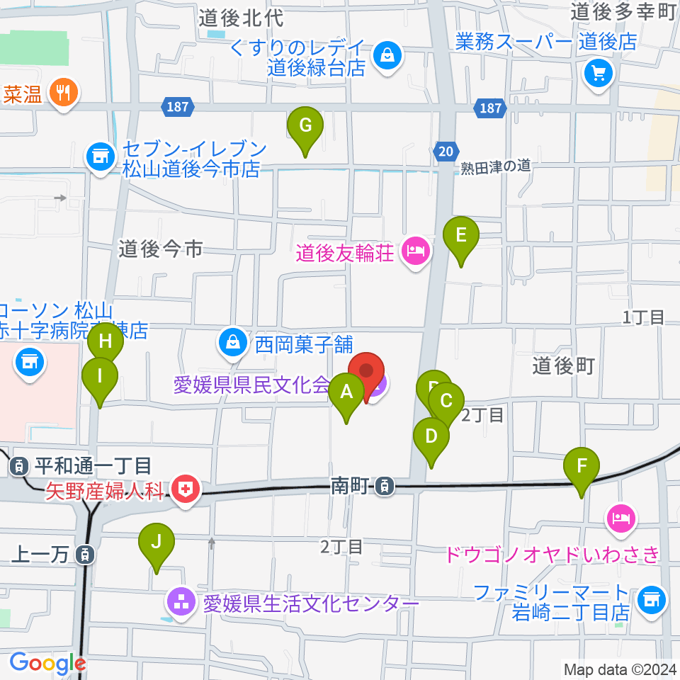 愛媛県県民文化会館周辺のファミレス・ファーストフード一覧地図