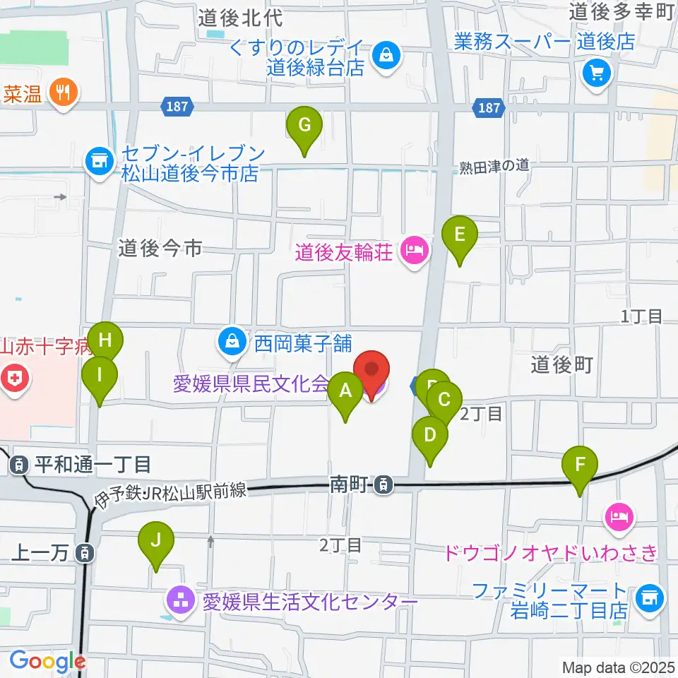 愛媛県県民文化会館周辺のファミレス・ファーストフード一覧地図