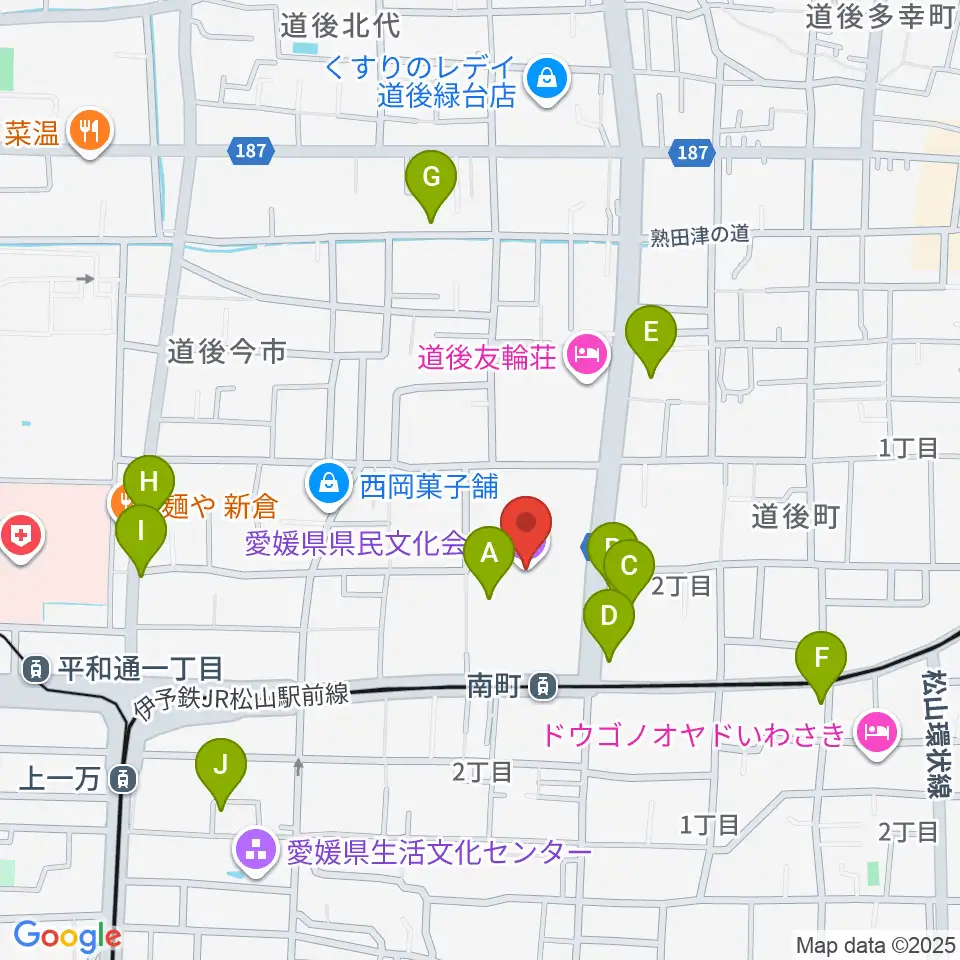 愛媛県県民文化会館周辺のファミレス・ファーストフード一覧地図