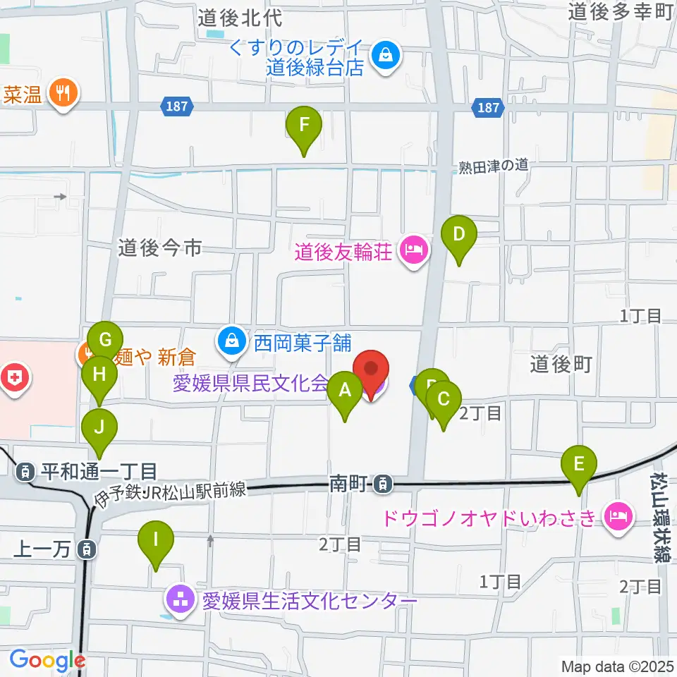 愛媛県県民文化会館周辺のファミレス・ファーストフード一覧地図
