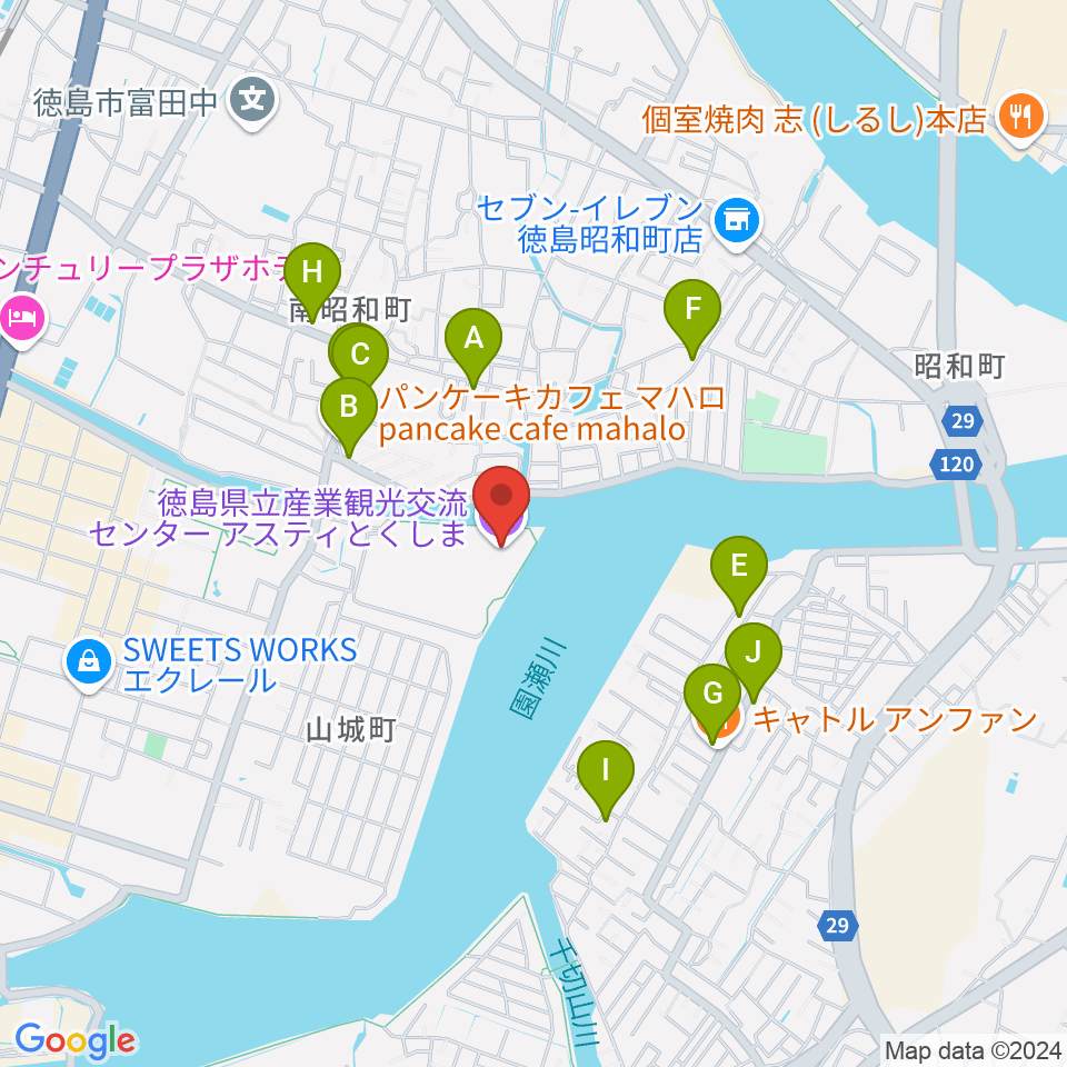 アスティとくしま周辺のファミレス・ファーストフード一覧地図