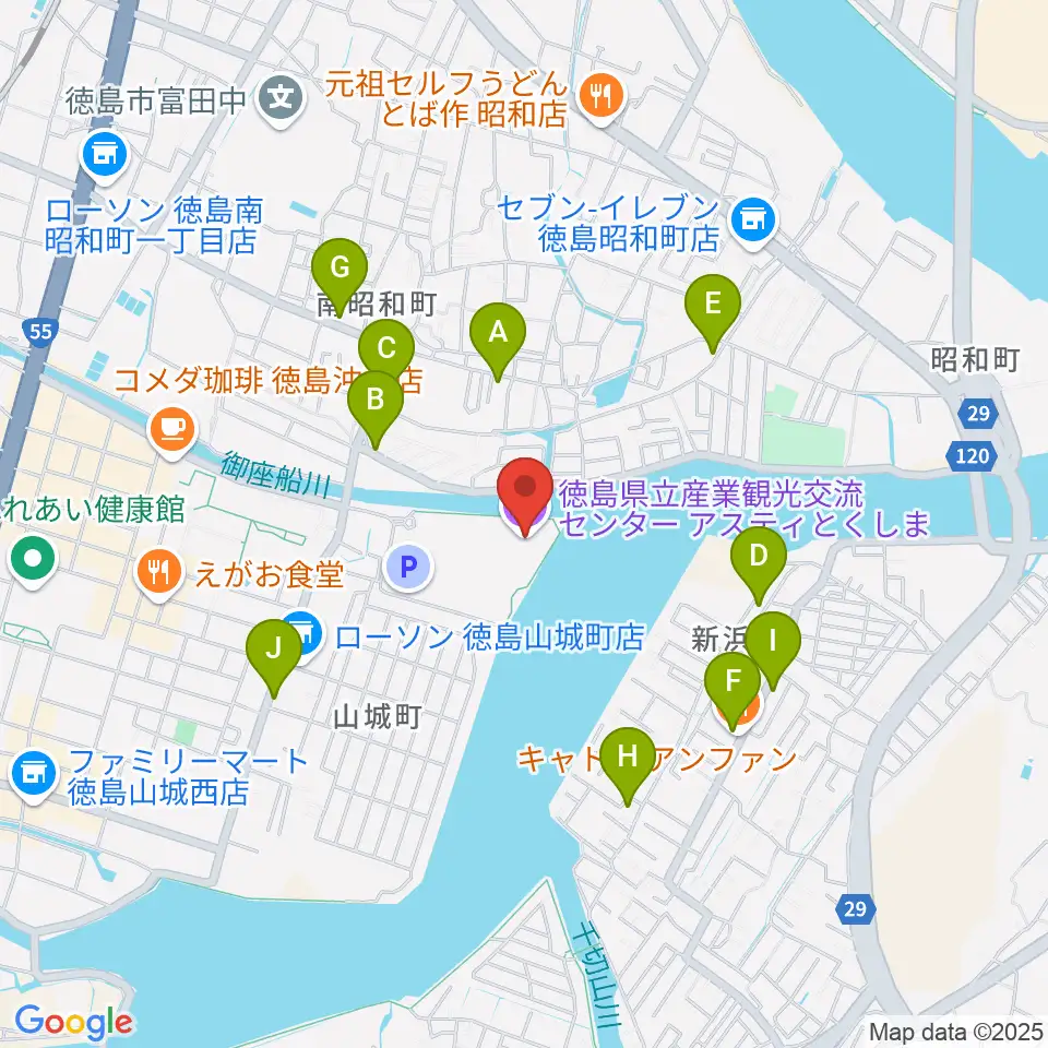 アスティとくしま周辺のファミレス・ファーストフード一覧地図