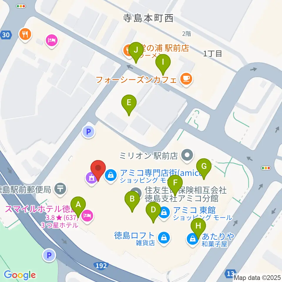 徳島市シビックセンター周辺のファミレス・ファーストフード一覧地図