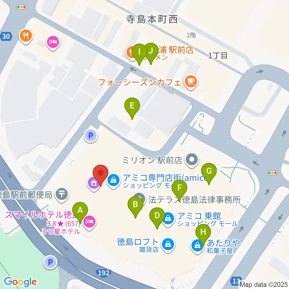 徳島市シビックセンター周辺のファミレス・ファーストフード一覧地図