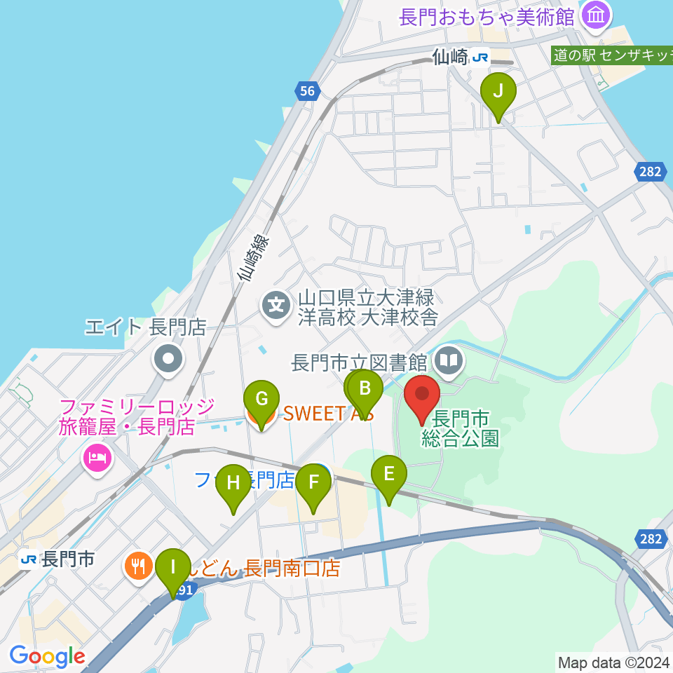 山口県立劇場 ルネッサながと周辺のファミレス・ファーストフード一覧地図