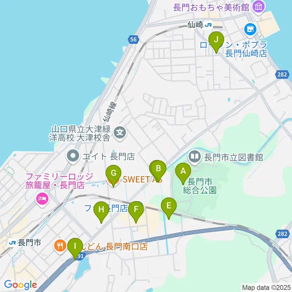 山口県立劇場 ルネッサながと周辺のファミレス・ファーストフード一覧地図