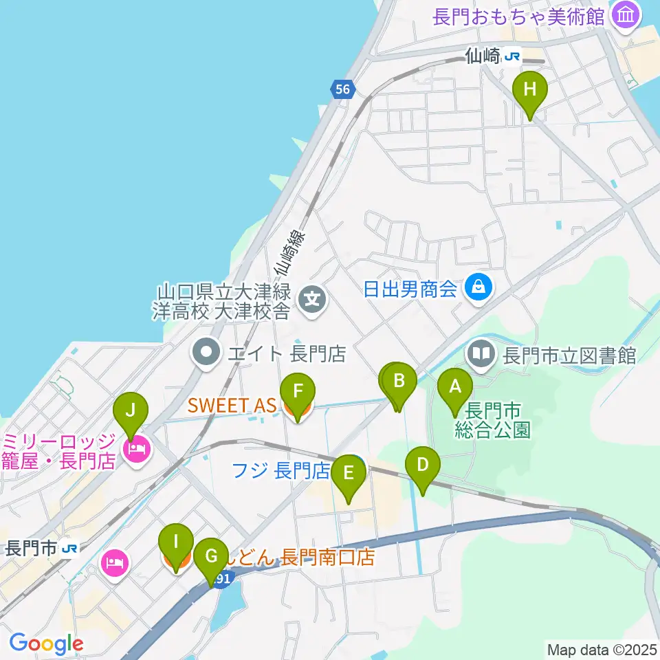 山口県立劇場 ルネッサながと周辺のファミレス・ファーストフード一覧地図