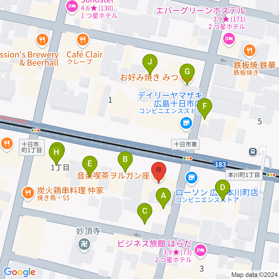 音楽喫茶ヲルガン座周辺のファミレス・ファーストフード一覧地図