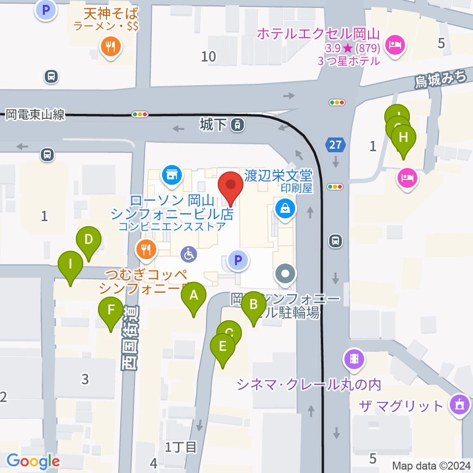 岡山シンフォニーホール周辺のファミレス・ファーストフード一覧地図