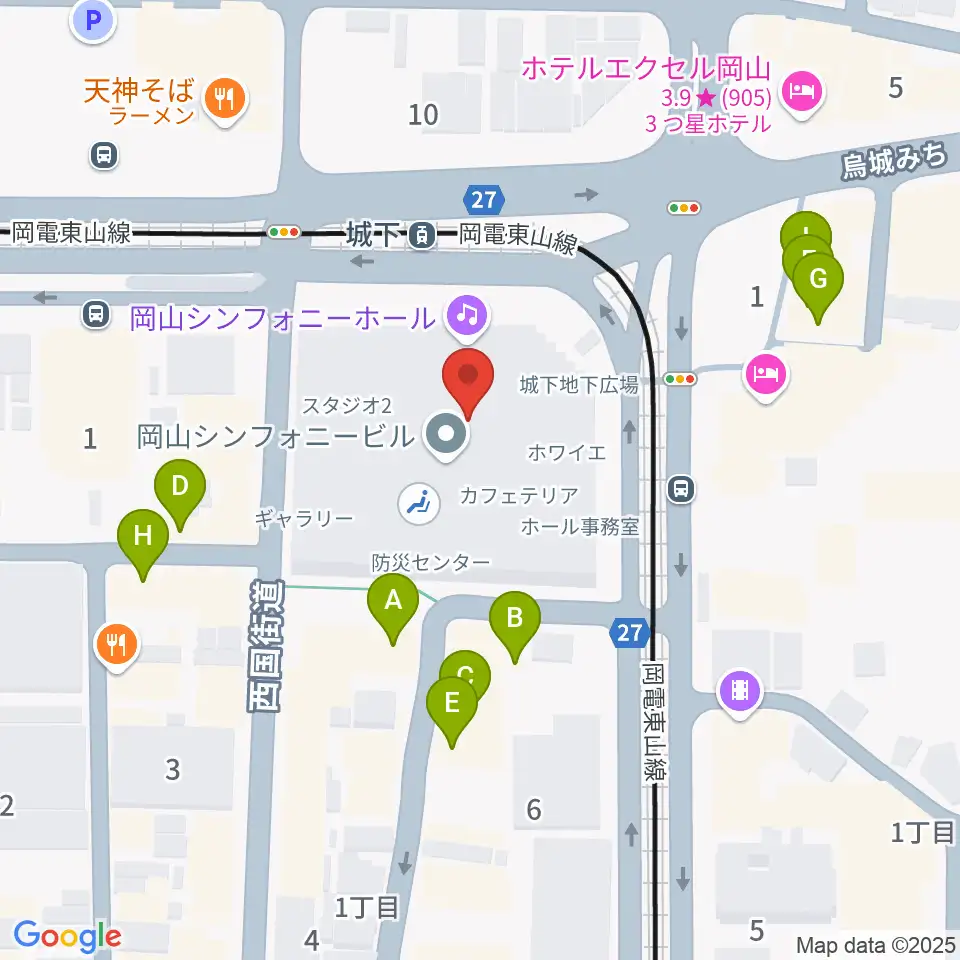 岡山シンフォニーホール周辺のファミレス・ファーストフード一覧地図