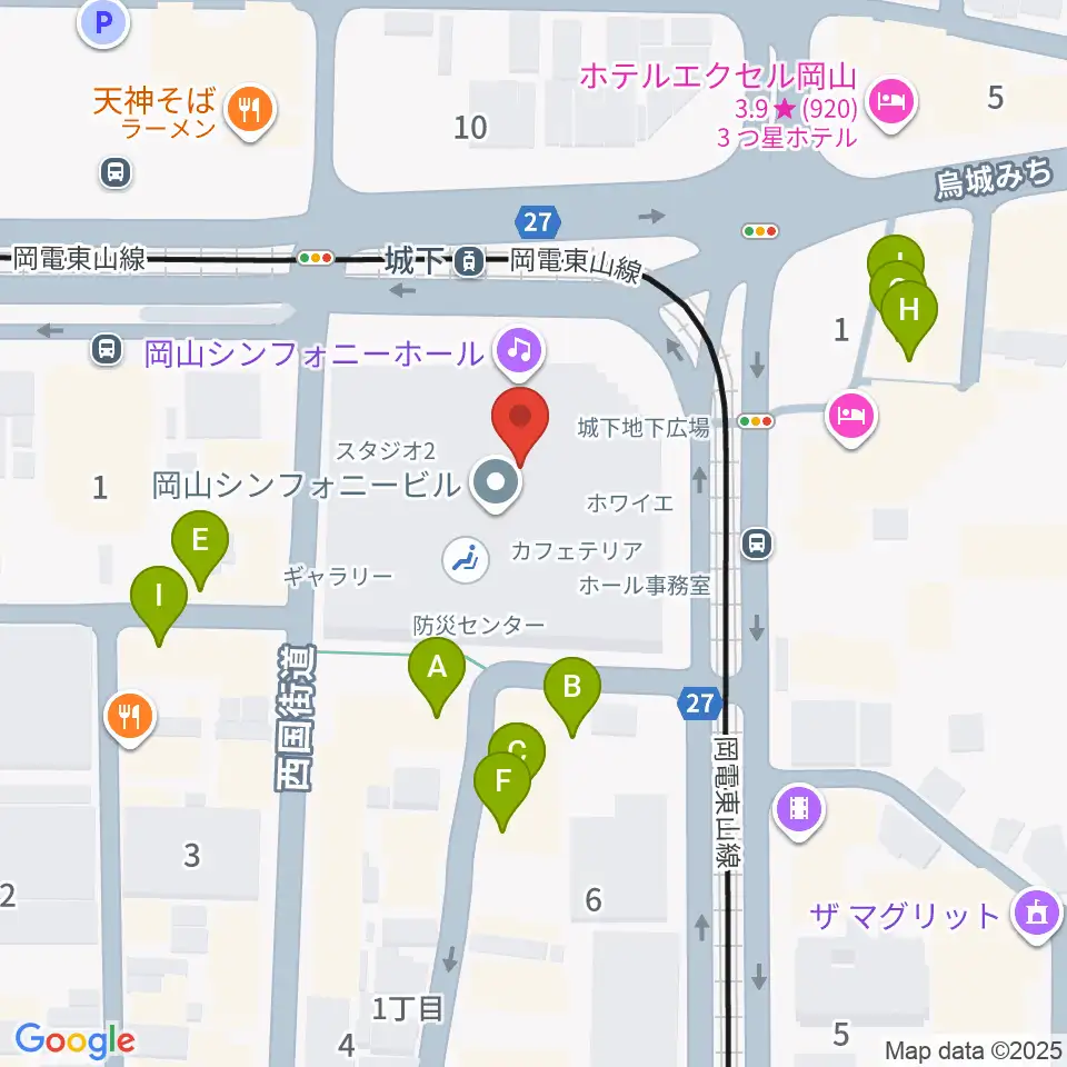 岡山シンフォニーホール周辺のファミレス・ファーストフード一覧地図
