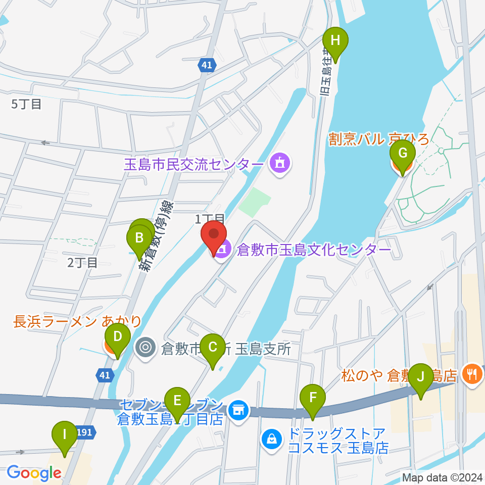 倉敷市玉島文化センター周辺のファミレス・ファーストフード一覧地図