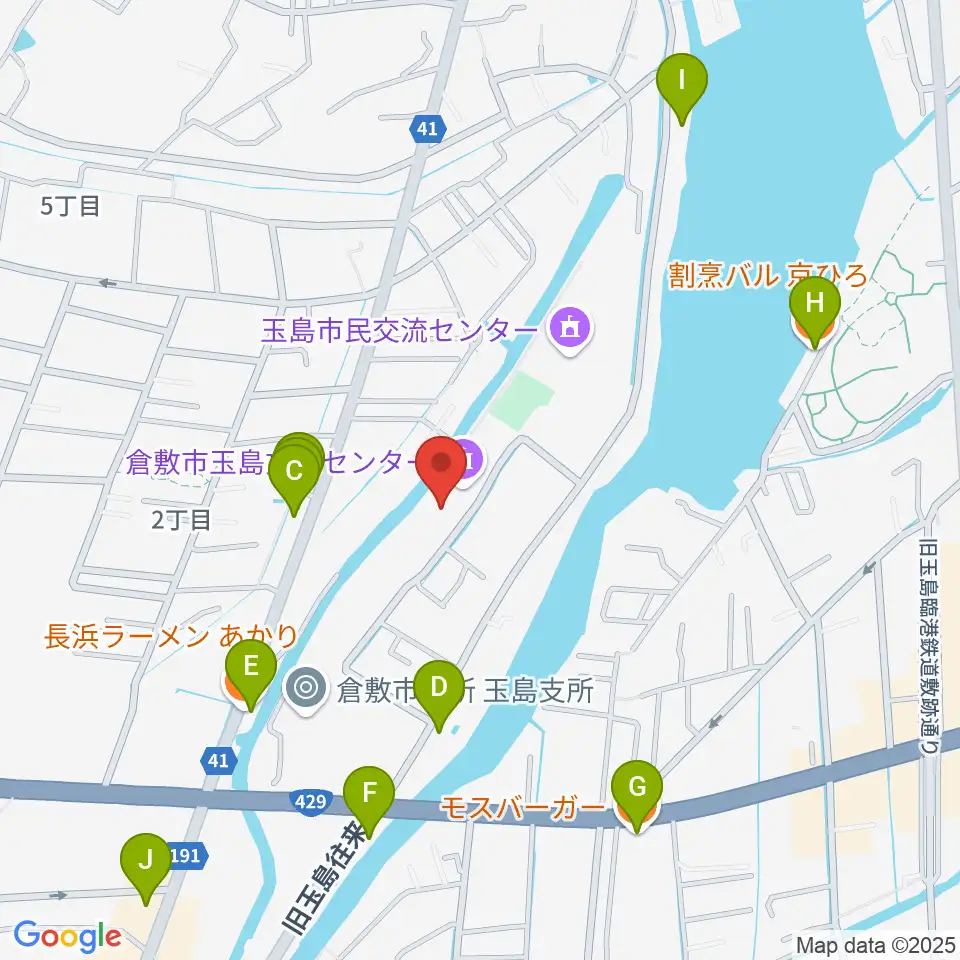 倉敷市玉島文化センター周辺のファミレス・ファーストフード一覧地図