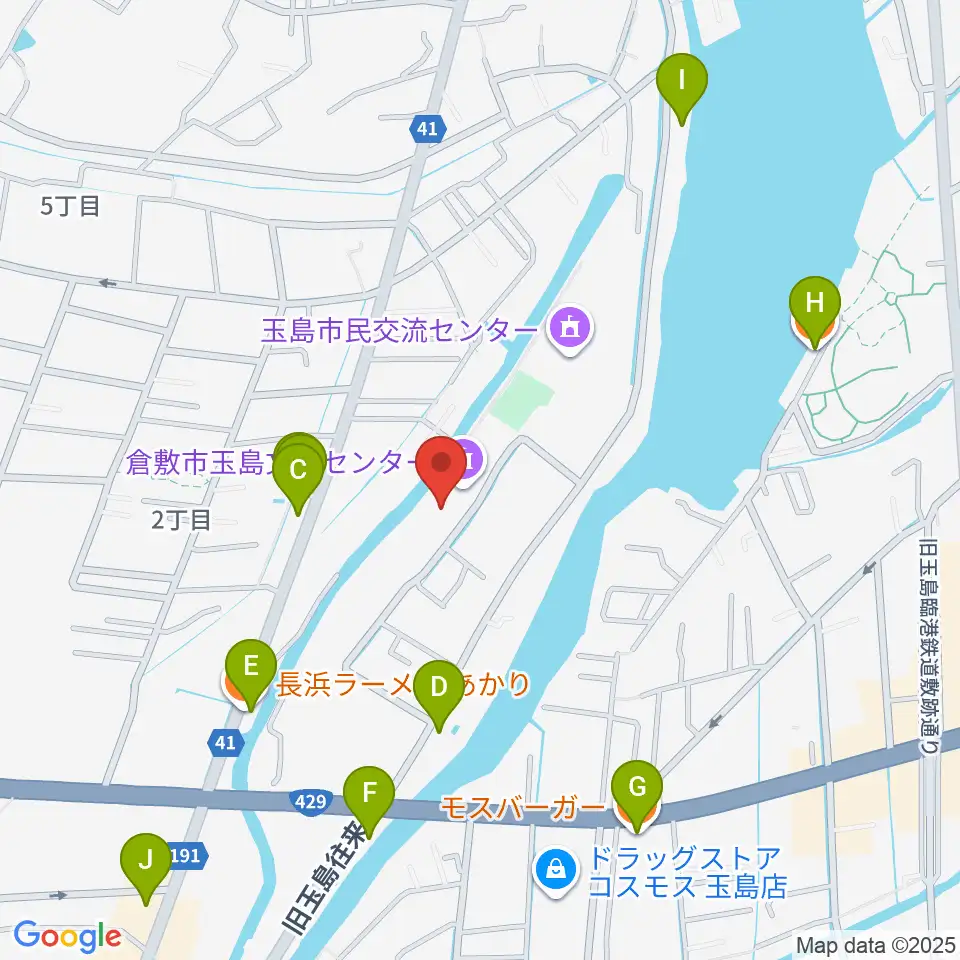 倉敷市玉島文化センター周辺のファミレス・ファーストフード一覧地図