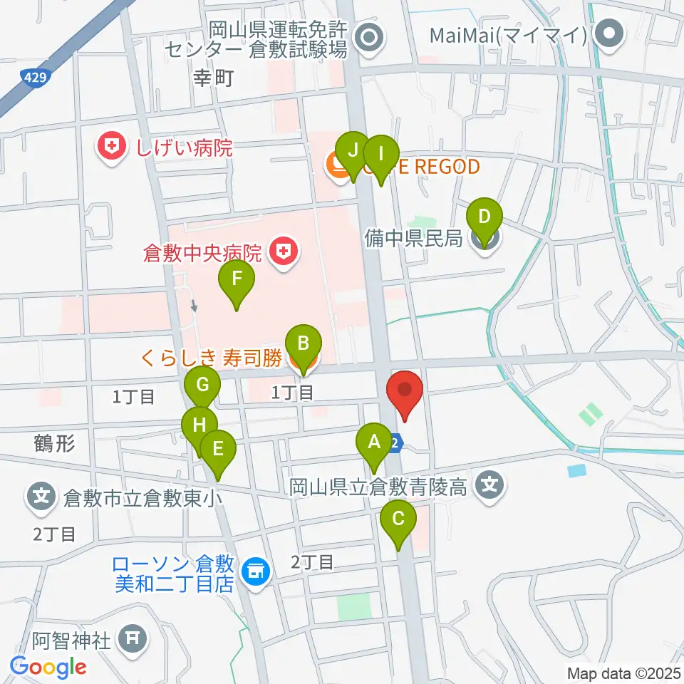 倉敷市文化交流会館周辺のファミレス・ファーストフード一覧地図