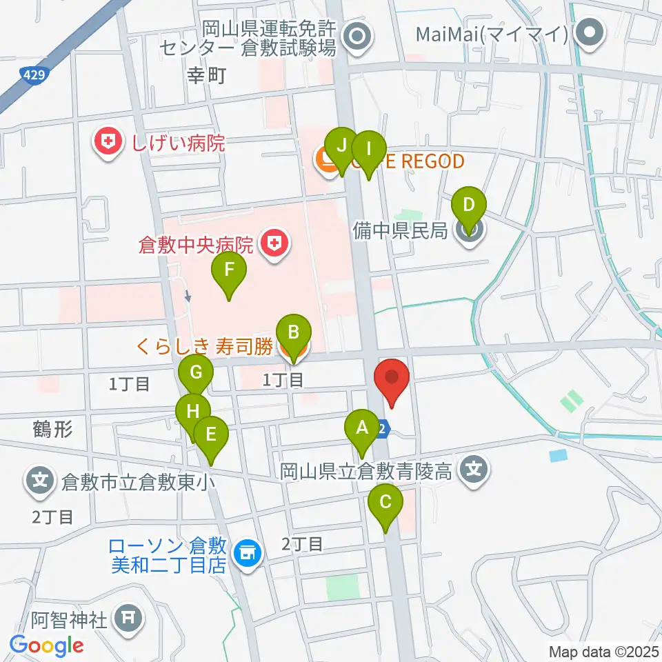 倉敷市文化交流会館周辺のファミレス・ファーストフード一覧地図