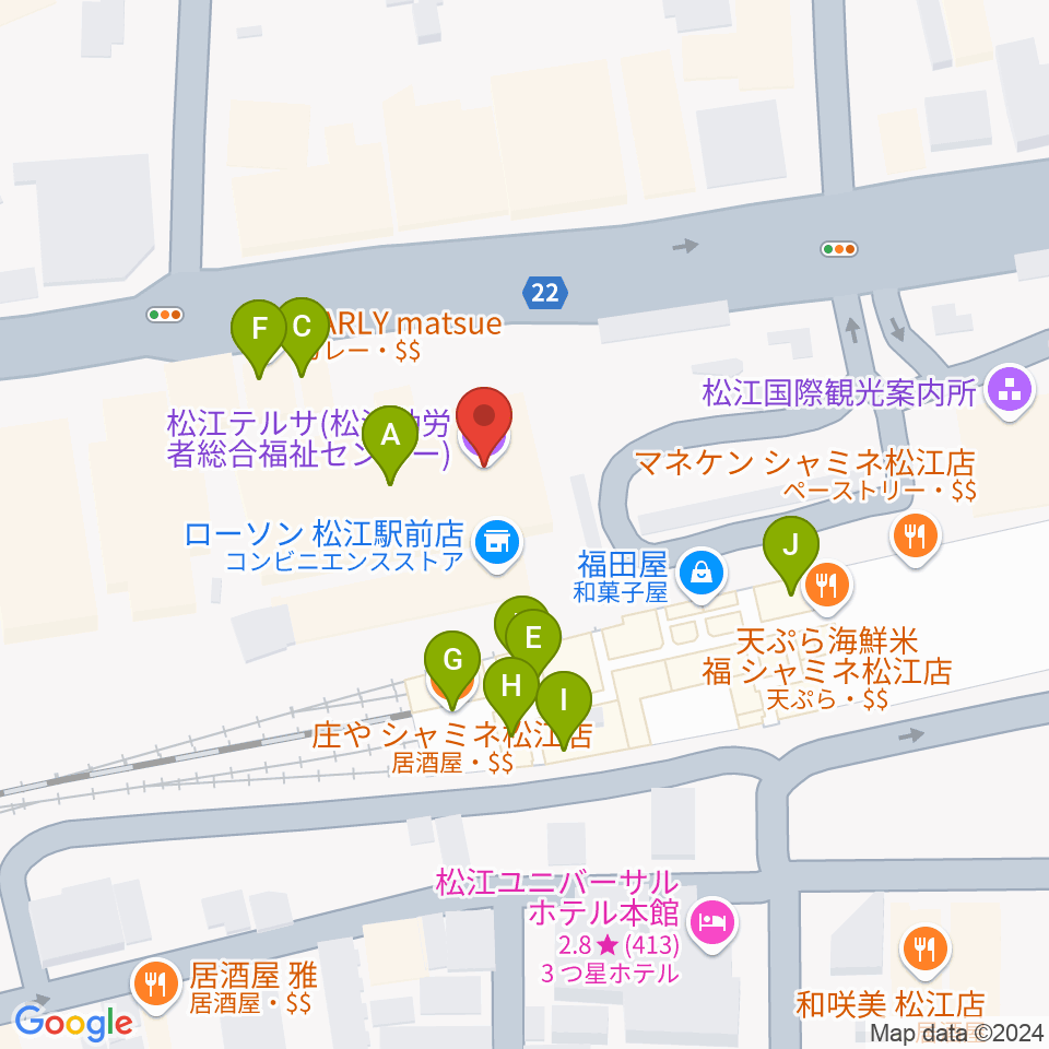 松江テルサ周辺のファミレス・ファーストフード一覧地図