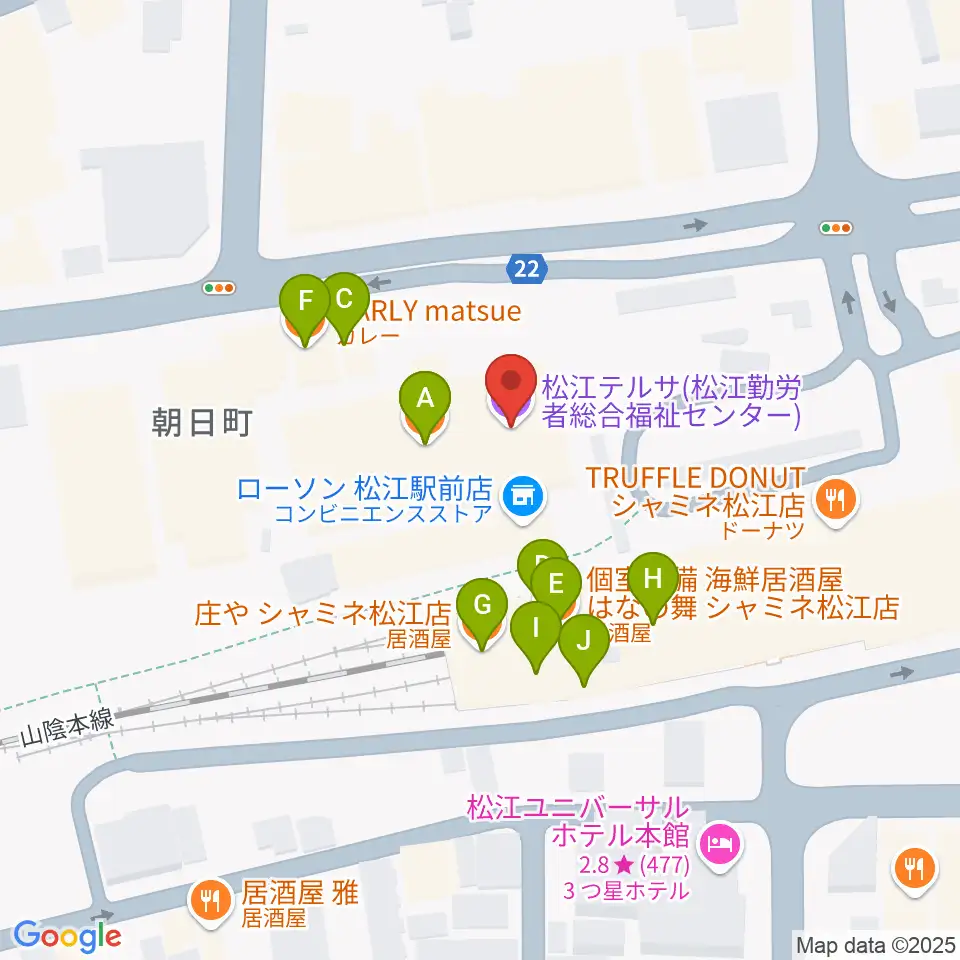 松江テルサ周辺のファミレス・ファーストフード一覧地図